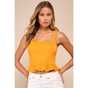 Lulus Utterly Cute Orange Smocked Square Neck Peplum Tank Top - Size M